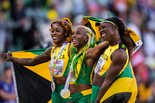 Elaine Thompson-Herah, Shelly-Ann Fraser-Pryce and Shericka