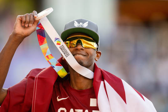 Mutaz Essa Barshim of Qatar celebrates
