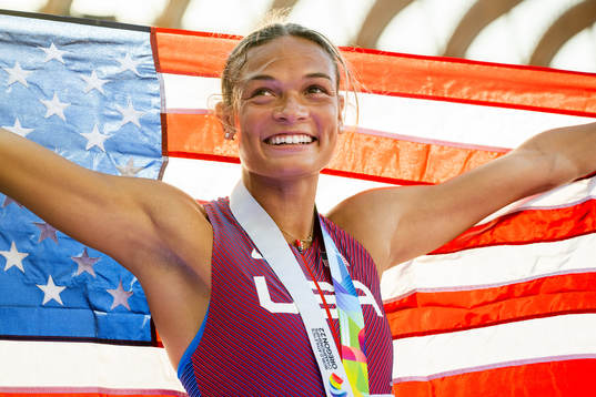 Anna Hall of USA celebrates