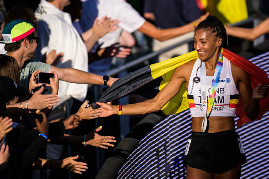 Nafissatou Thiam of Belgium celebrates