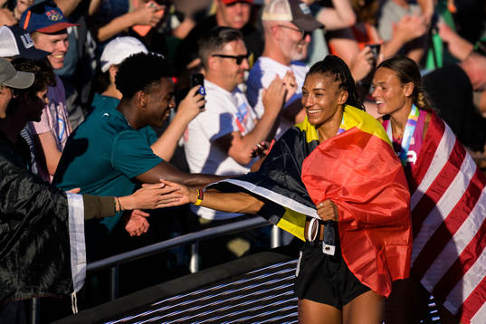 Nafissatou Thiam of Belgium and Anna Hall of USA celebrate