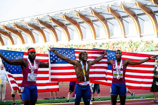 Kenneth Bednarek, Noah Lyles and Erriyon Knighton of USA