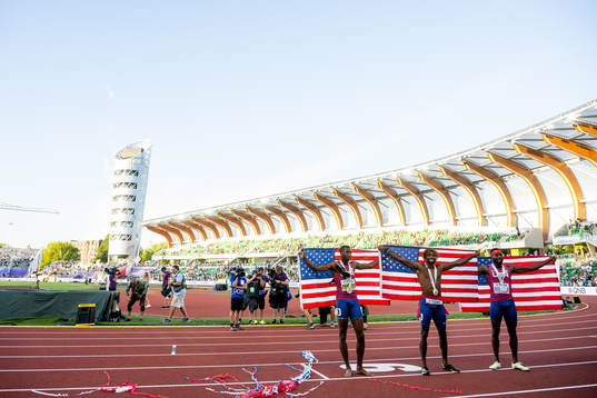 Kenneth Bednarek, Noah Lyles and Erriyon Knighton of USA