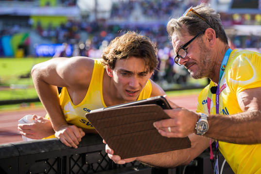 Armand Duplantis of Sweden and his father and coach Greg