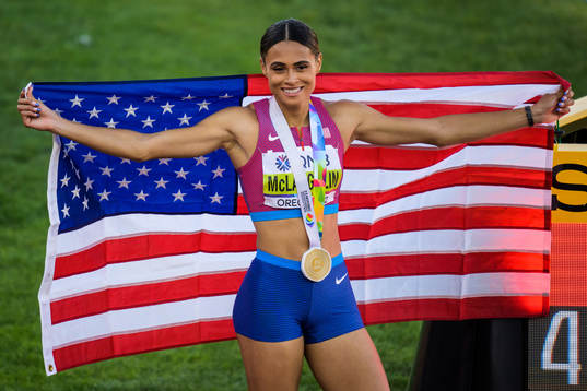Sydney McLaughlin of USA celebrates