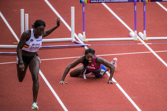 Nia Ali of USA falls when competing in women’s 100 meters