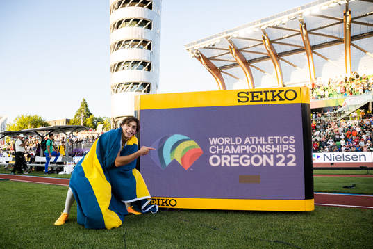Armand Duplantis of Sweden celebrates