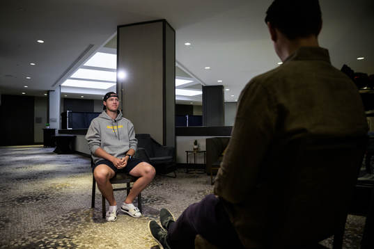 Goaltender Jesper Wallstedt of Sweden at a press meet