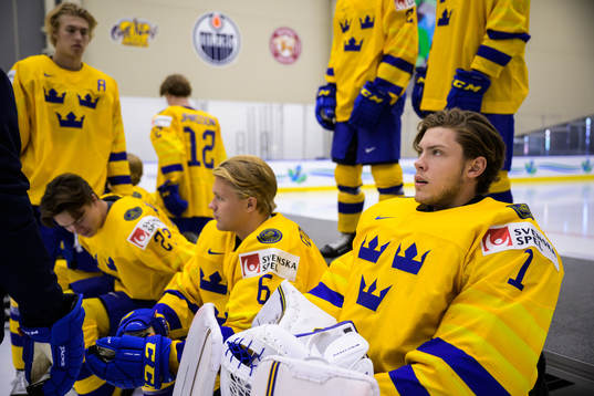 Goaltender Jesper Wallstedt of Sweden at a practice session