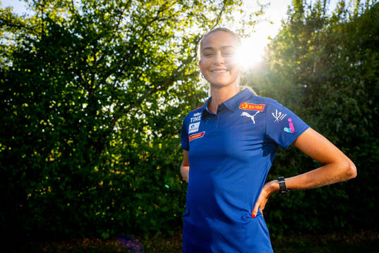 Amalie Sæten of the Norwegian athletics team poses for a