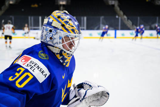 Goaltender Calle Clang of Sweden at warm-up