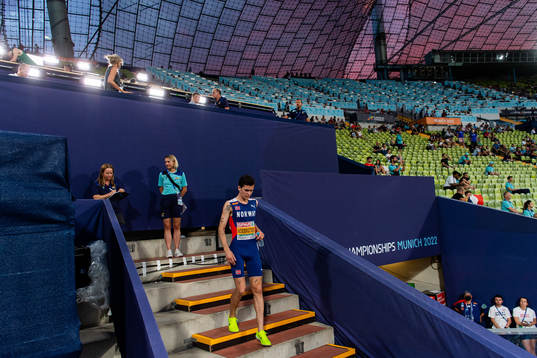 Jakob Ingebrigtsen of Norway walks through the mixed zone