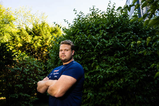 Daniel Ståhl of the Swedish athletics team poses for a