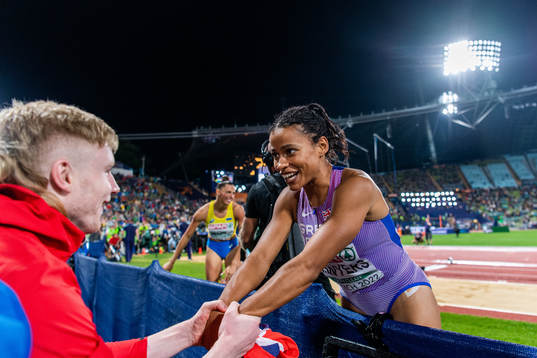 Jazmin Sawyers of Great Britain celebrates her bronze medal