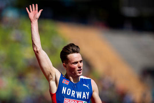 Karsten Warholm of Norway celebrates