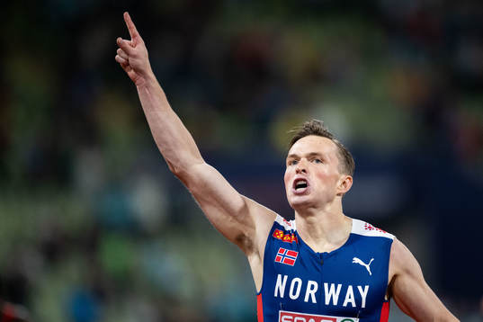 Karsten Warholm of Norway celebrates