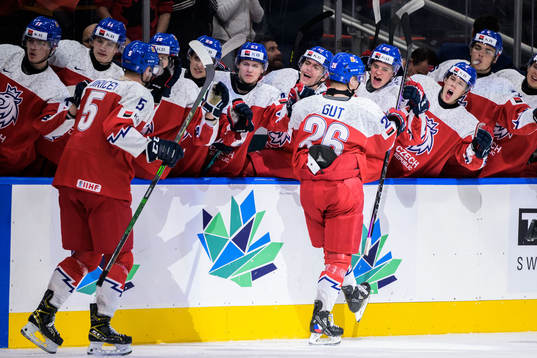 Michal Gut of Czech Republic celebrates with teammates