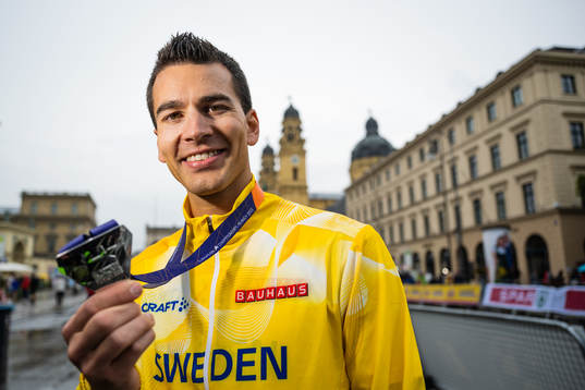 Perseus Karlström of Sweden poses with his silver medal