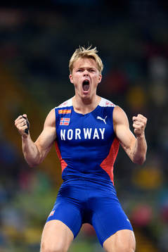 Sondre Guttormsen of Norway celebrates in men's pole vault
