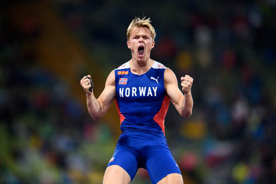Sondre Guttormsen of Norway celebrates in men's pole vault