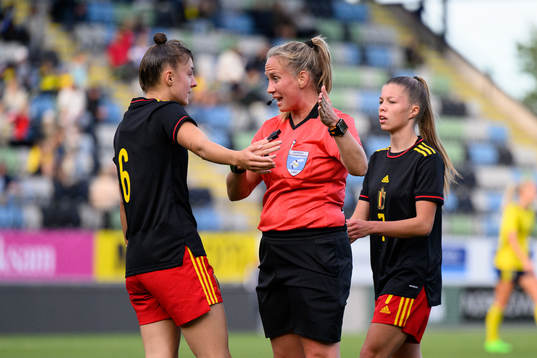Zenia Mertens of Belgium talks to referee Sandra Almkvist