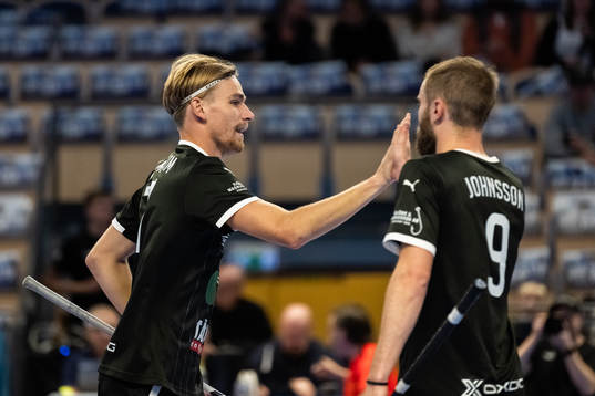 Helsingborgs Linus Malmström och Daniel Johnsson jublar