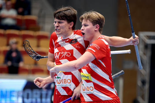 Pixbos lagkapten Gustav Fritzell  och Daniel Kalentun jublar