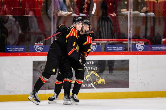 Brynäs William Strömgren och Brynäs Theo Lindstein jublar