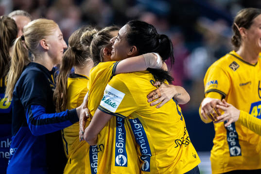 Nathalie Hagman and Jamina Roberts of Sweden celebrate
