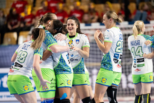 Natasa Ljepoja and Barbara Lazovic of Slovenia celebrate
