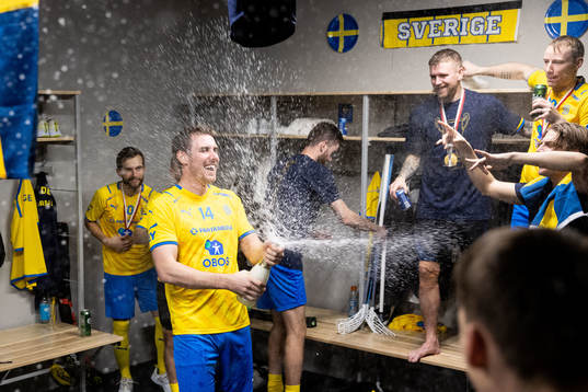 Tobias Gustafsson of Sweden celebrates with teammates