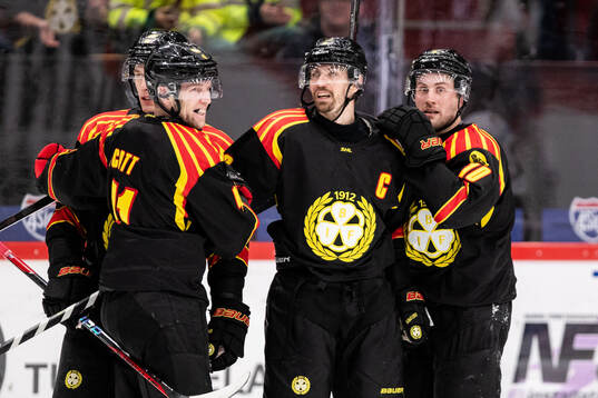 Brynäs Anton Rödin jublar med lagkamrater