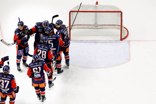 Linköpings spelare jublar med målvakt Marcus Högberg