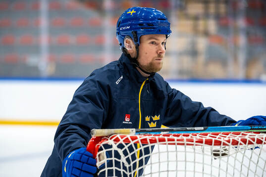 Goaltender coach Johan Ryman of Sweden at a practice session