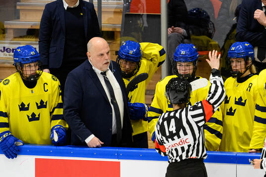 Assistant coach Ulf Hall of Sweden talks to the referee