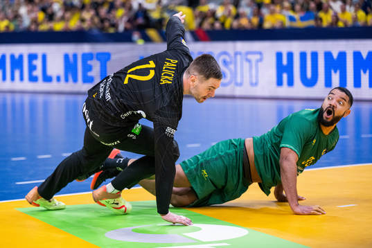 Goalkeeper Andreas Palicka of Sweden and Thiago Ponciano of
