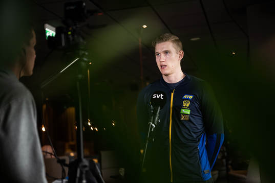 Goalkeeper Tobias Thulin is interviewed at a press event