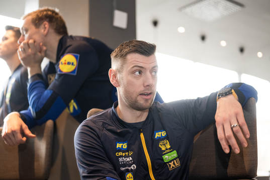 Niclas Ekberg is interviewed at a press event with Sweden