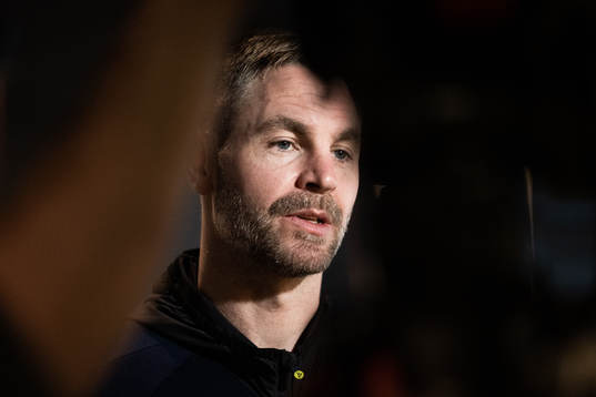 Goalkeeper Andreas Palicka is interviewed at a press event