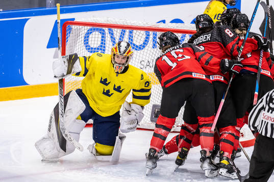 Goaltender Felicia Frank of Sweden looks dejected