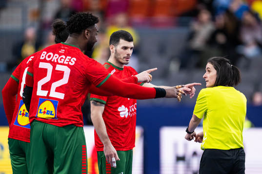 Alexis Borges and Rui Silva of Portugal reacts toward a