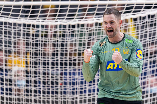 Goalkeeper Andreas Palicka of Sweden celebrates
