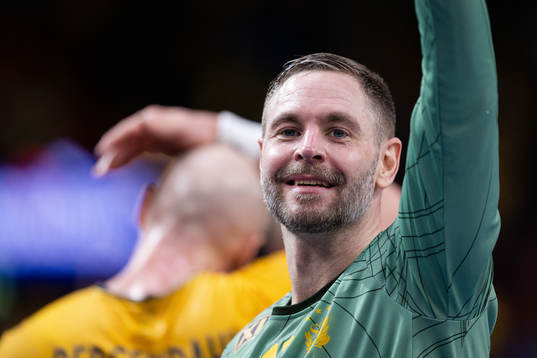 Goalkeeper Andreas Palicka of Sweden celebrates