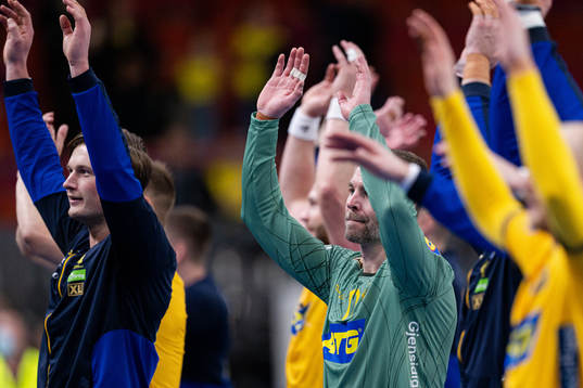 Goalkeeper Andreas Palicka of Sweden celebrates
