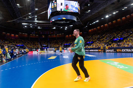 Goalkeeper Andreas Palicka of Sweden celebrates