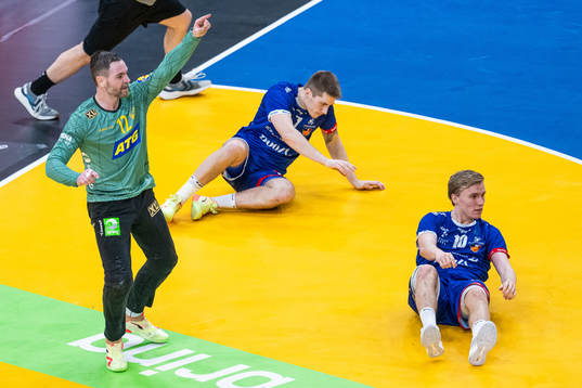 Goalkeeper Andreas Palicka of Sweden celebrates while Viggo