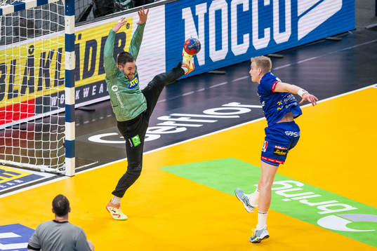 Goalkeeper Andreas Palicka of Sweden with a save