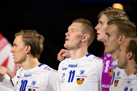Ymir Orn Gislason of Iceland sings the national anthem