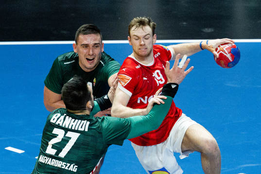 Mathias Gidsel of Denmark against Richard Bodo and Bence