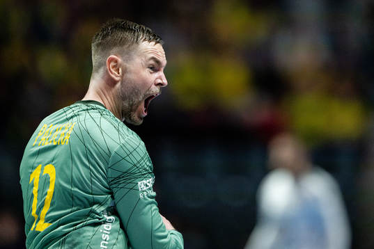 Goalkeeper Andreas Palicka of Sweden celebrates
